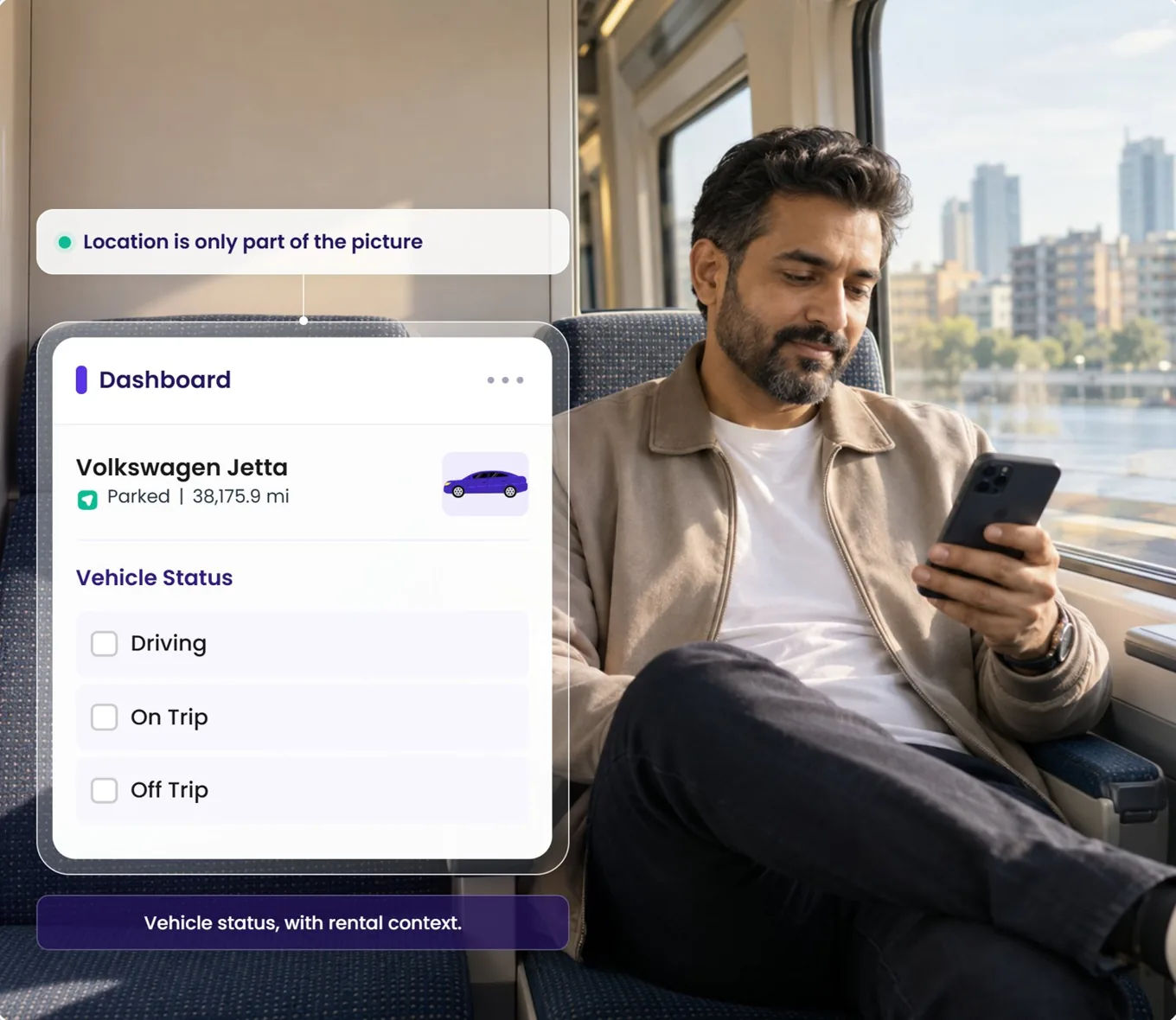 A man on a train checking his phone; the Dashboard card shows the vehicle status filters.