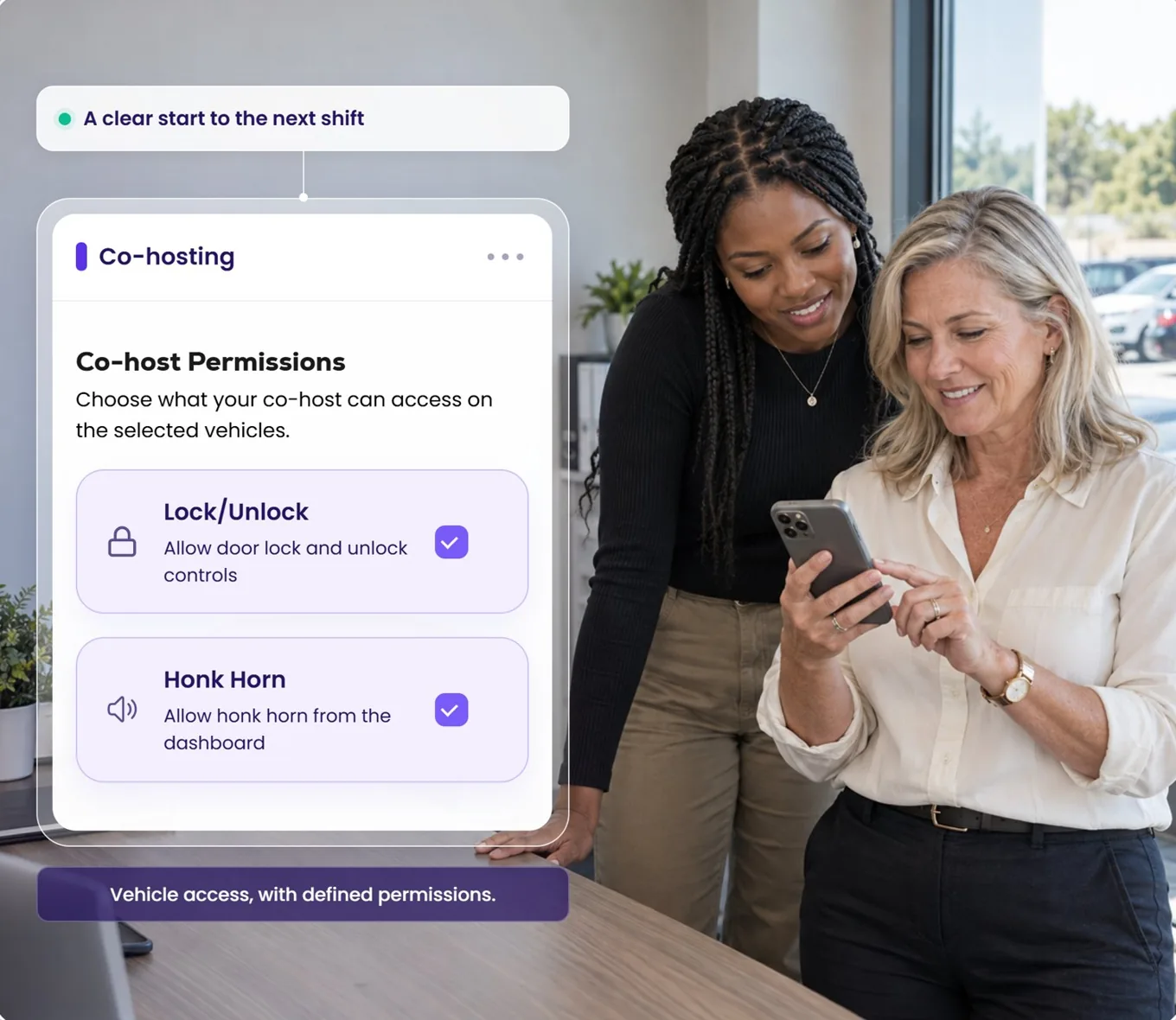 Two women reviewing a phone together; the Co-hosting card shows Lock/Unlock and Honk Horn permissions.