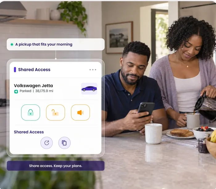 A couple at breakfast; the Qarhami Shared Access card for a Volkswagen Jetta is shown beside them.