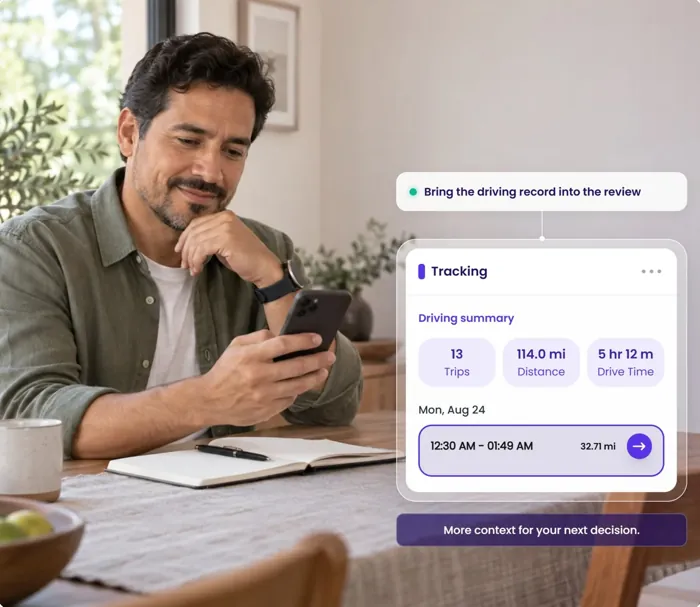 A man at a table with a notebook; the Tracking card shows a driving summary of trips, distance and drive time.