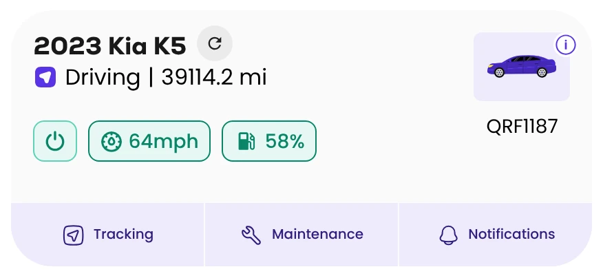 The Qarhami Dashboard card for an OBD-equipped 2023 Kia K5: status, odometer and fuel level, with no control row