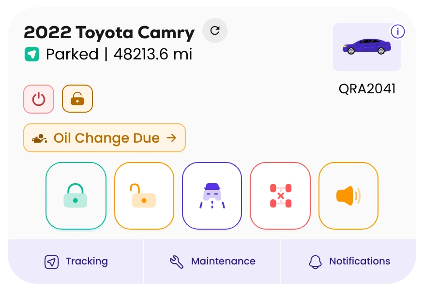 The Qarhami Dashboard card for a Track-equipped 2022 Toyota Camry: status, odometer, an Oil Change Due tag and five controls
