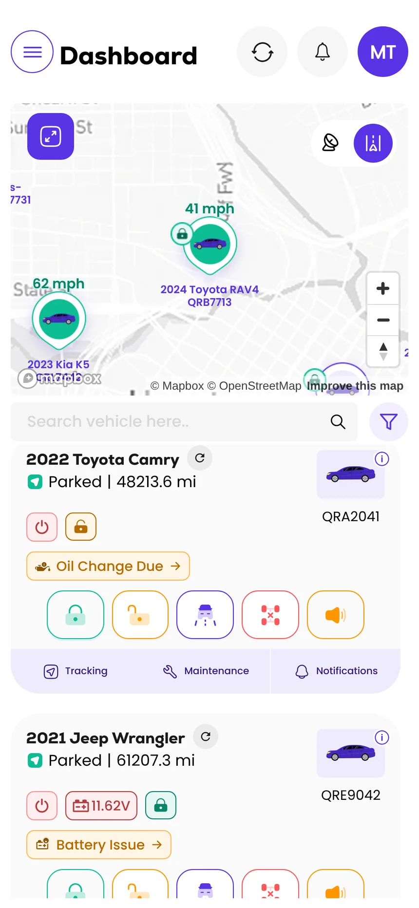 The dashboard on the phone: the Camry card with an Oil Change Due tag