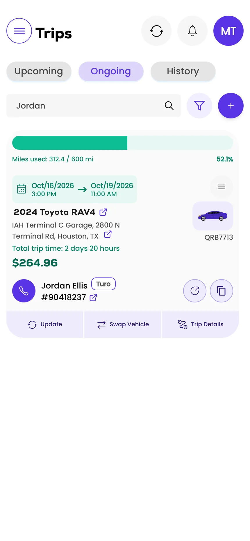 An ongoing Turo trip on the phone with 312.4 of 600 included miles used