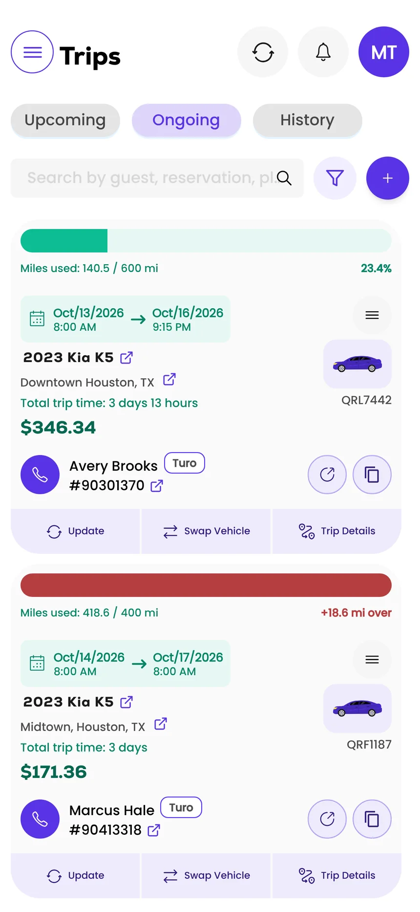 Trips on a phone: ongoing bookings with miles used against included miles