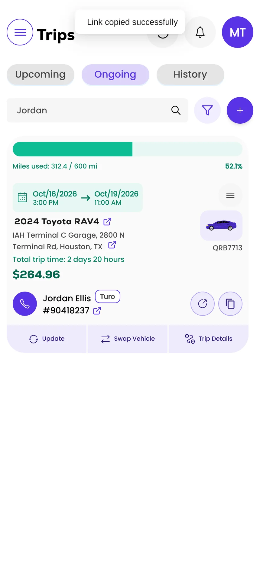 Trips on the phone with the confirmation Link copied successfully