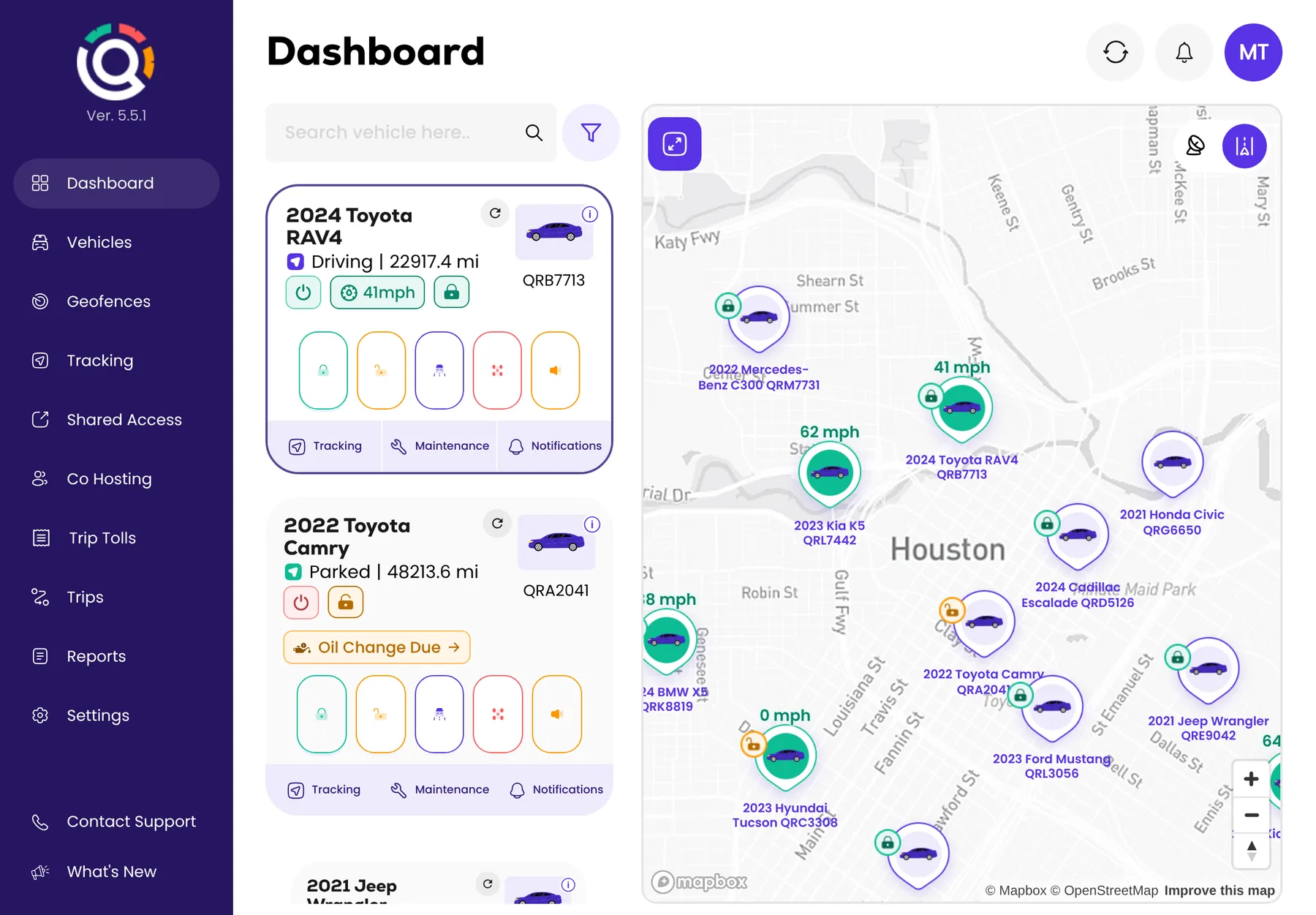 The Qarhami Fleet OS Dashboard: a live map of the fleet beside vehicle cards with status, remote controls and maintenance tags.