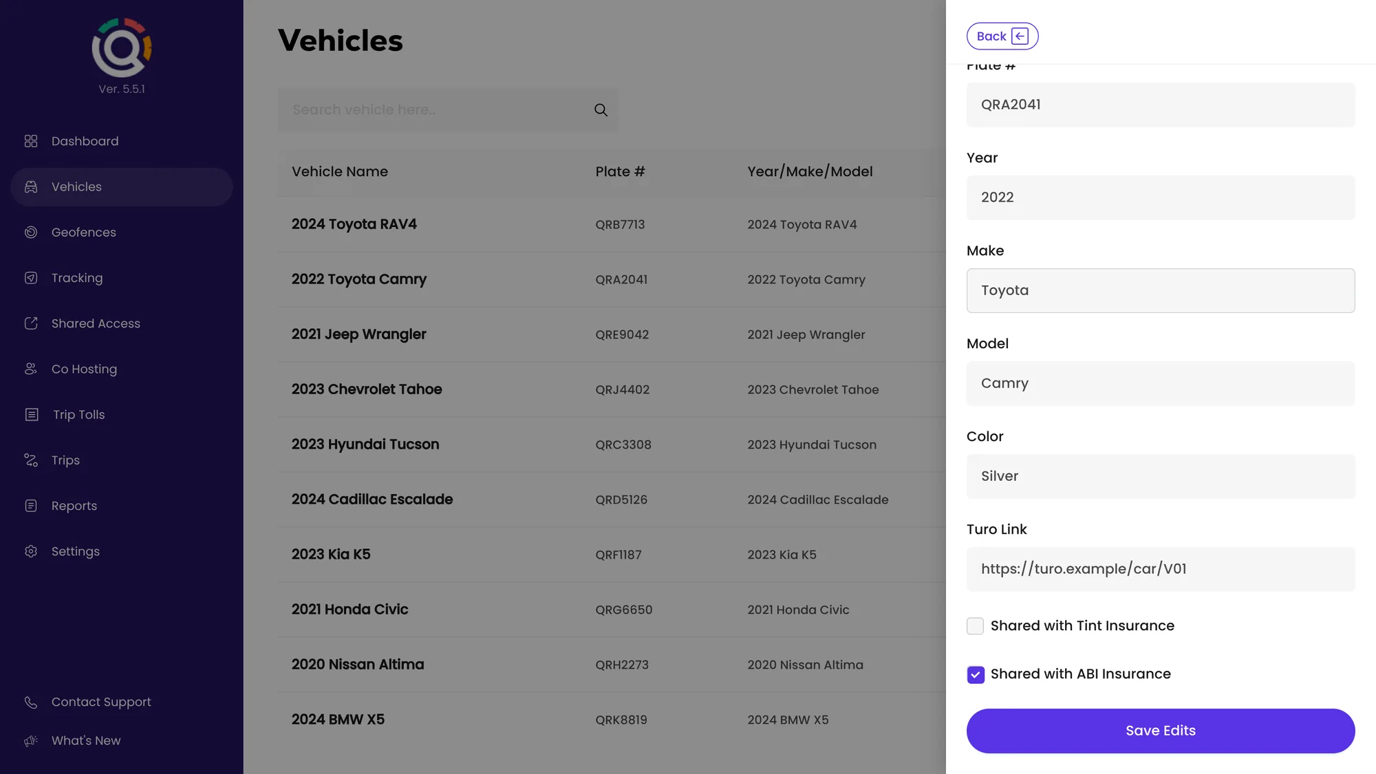 The vehicle edit form in the Qarhami app with Shared with ABI Insurance ticked, Shared with Tint Insurance unticked and the Save Edits button