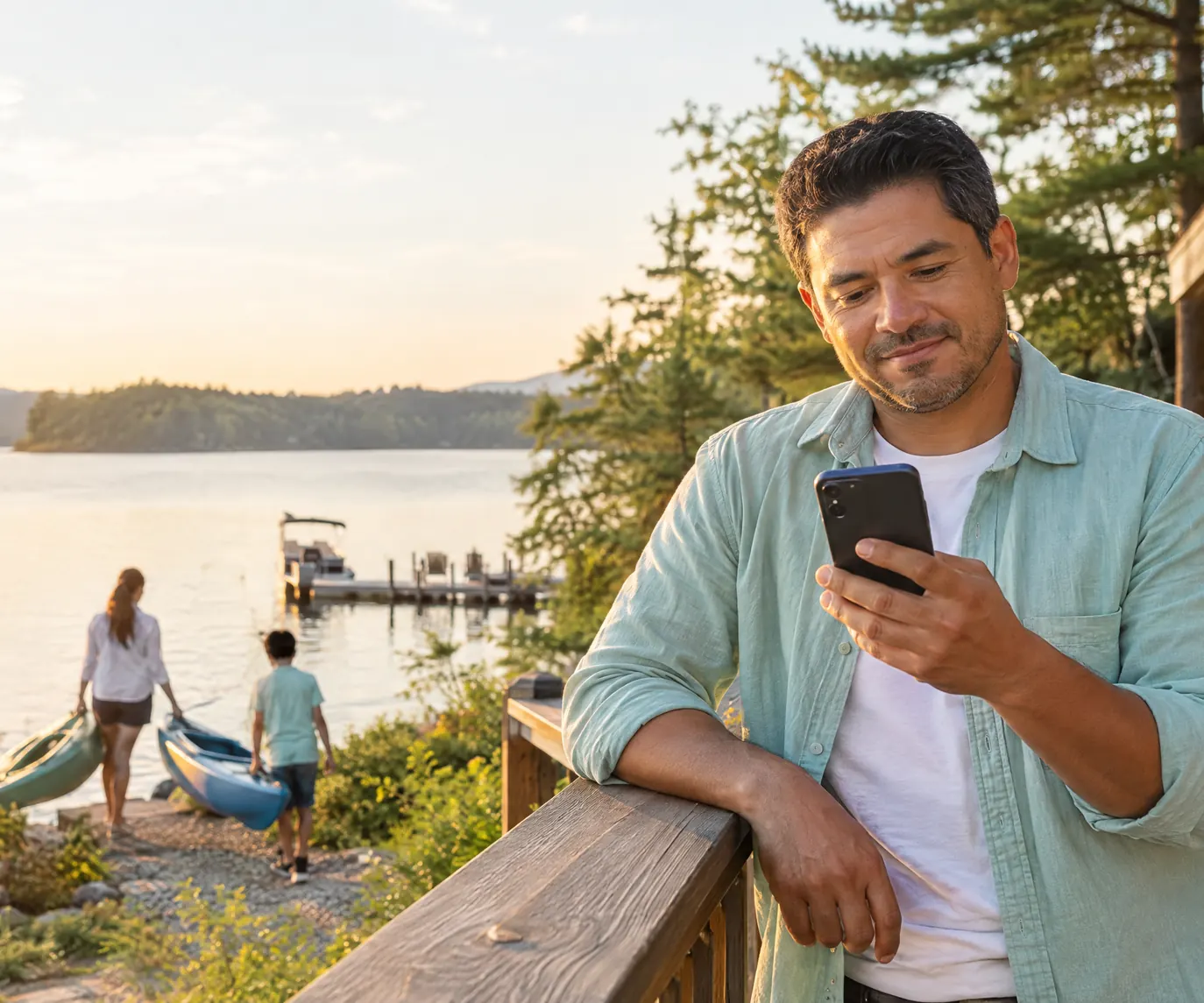 A rental operator on a lake-house deck at golden hour, checking his phone while his family carries kayaks to the water