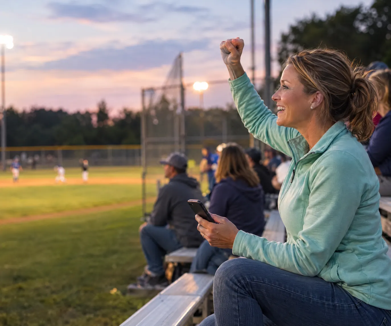 A rental operator cheering in the bleachers at an evening baseball game, her phone in the other hand