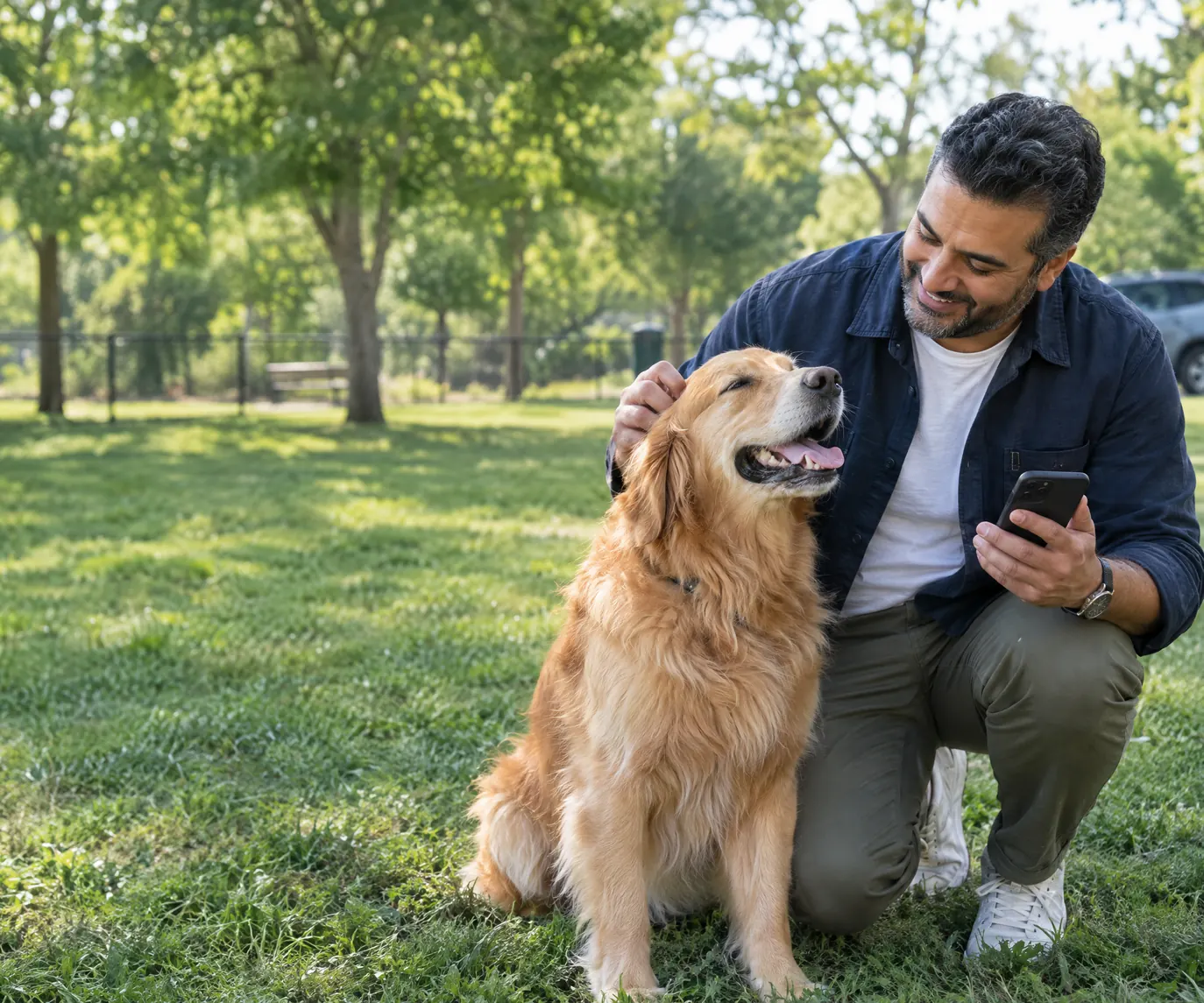 A rental operator crouching beside his golden retriever at a dog park, phone in hand
