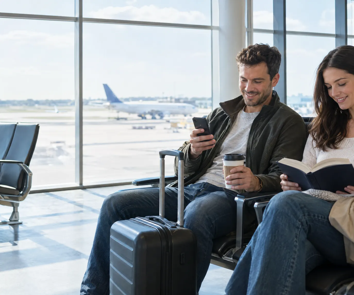 A rental operator at an airport gate with his partner, smiling at his phone before a trip