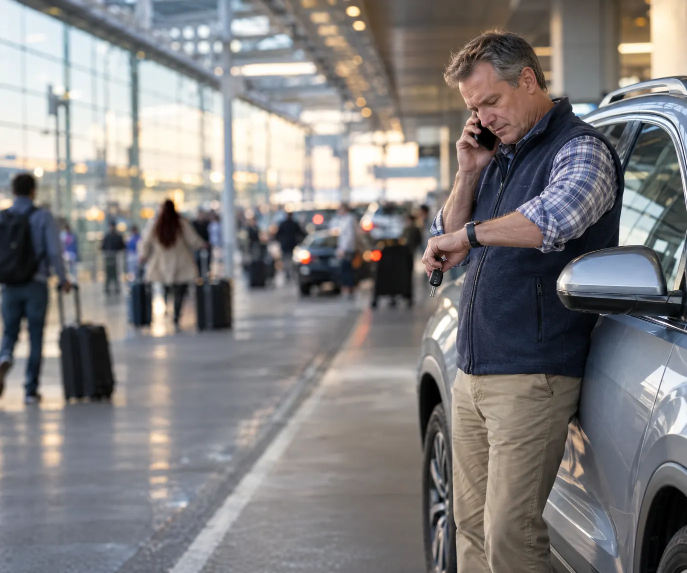 A rental operator at an airport arrivals curb beside a silver SUV, phone to his ear, checking his watch