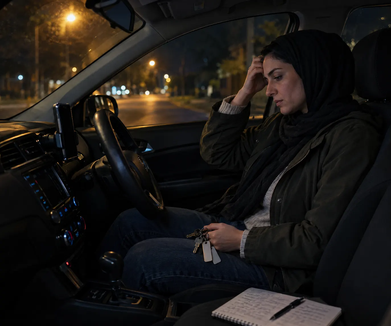 A tired rental operator in a parked car at night with a ring of tagged keys in her lap and a notebook of codes