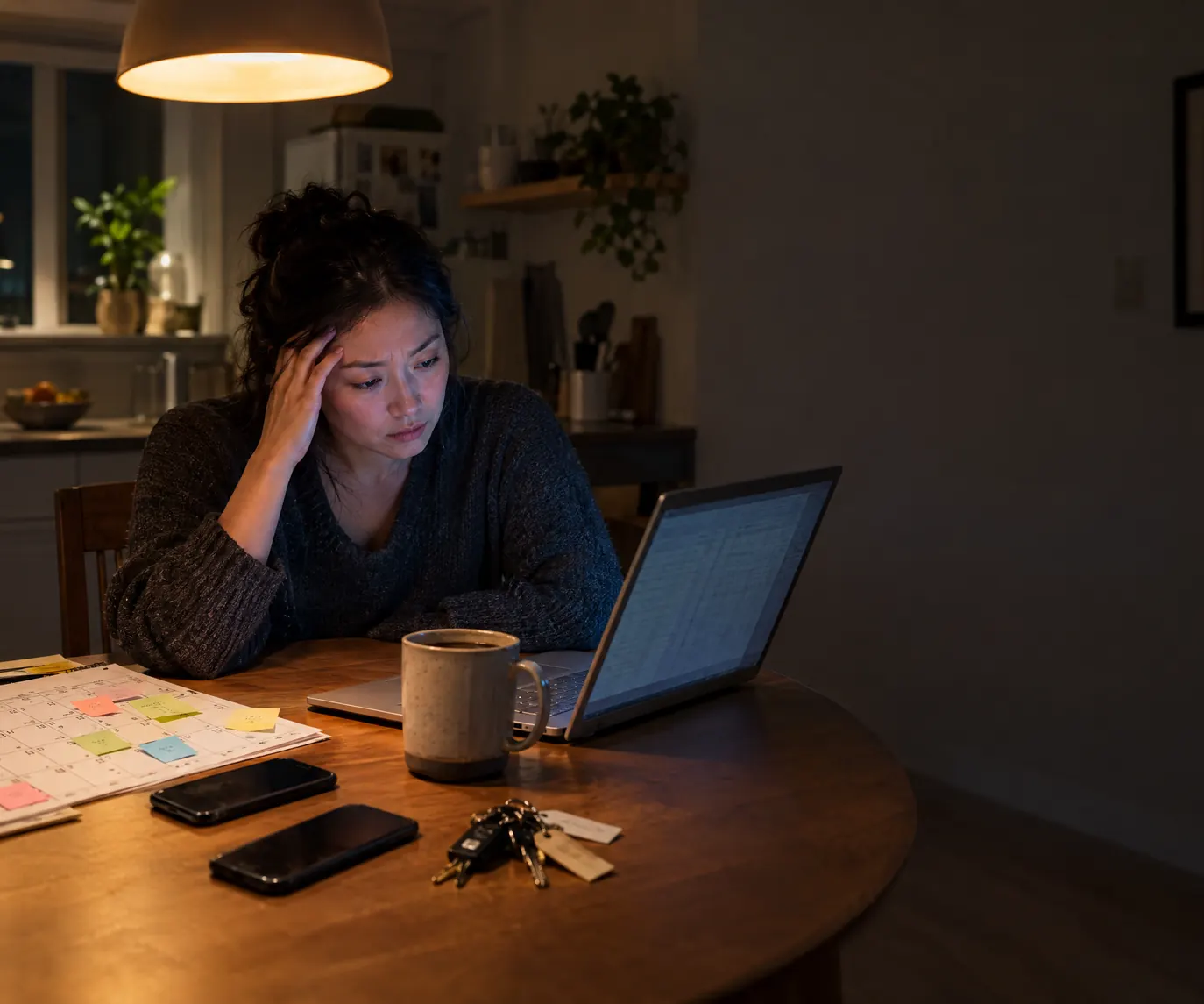 A rental operator rubbing her temple late at night at a kitchen table, a laptop spreadsheet, a paper calendar, tagged keys and two phones beside her