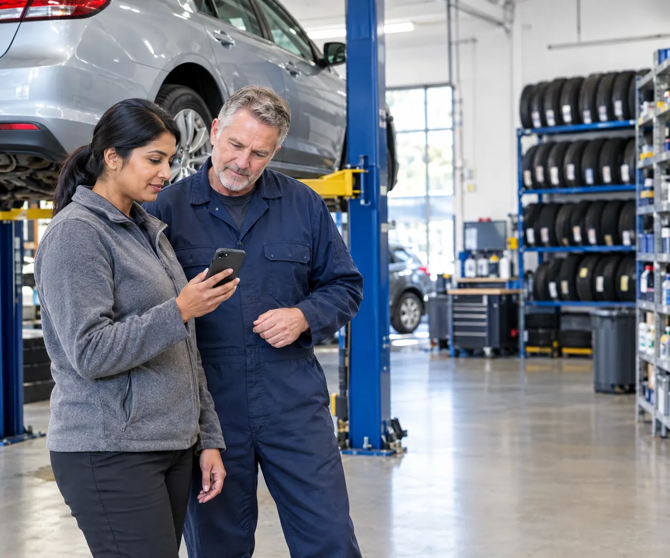 A fleet maintenance manager and a mechanic checking her phone beside a car on a lift in the company service bay