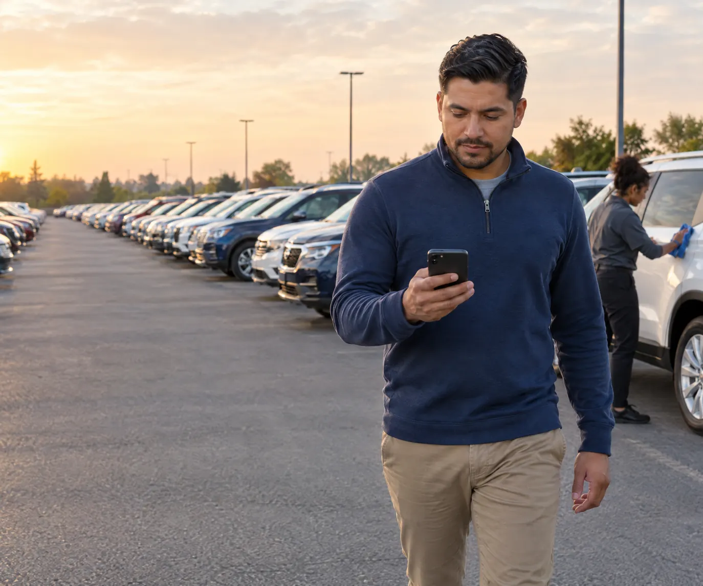 An operations lead walking a long row of rental cars at dawn, checking his phone