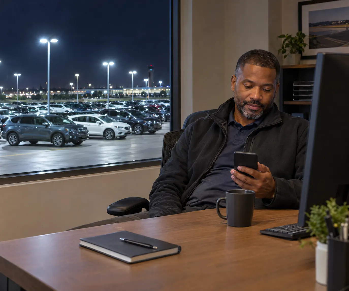 A night coordinator at a desk overlooking a floodlit rental lot, checking his phone