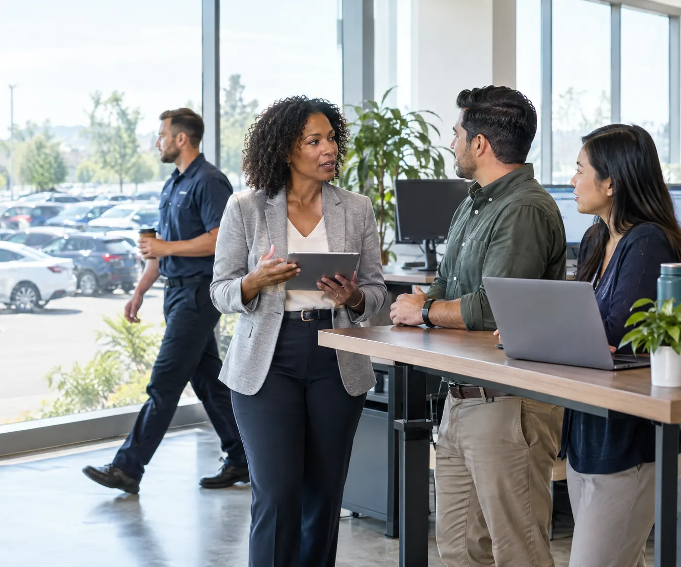 A fleet operations director with a tablet talking with her team in a bright office that overlooks the rental lot