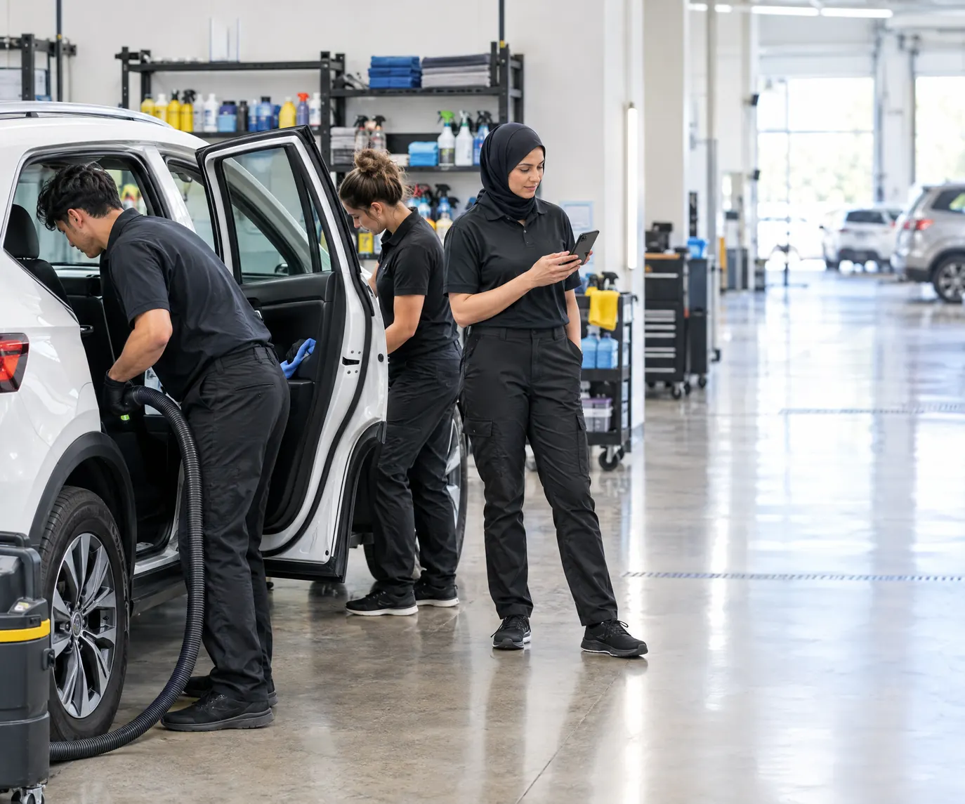 Two detailers cleaning a white crossover while their shift supervisor checks her phone