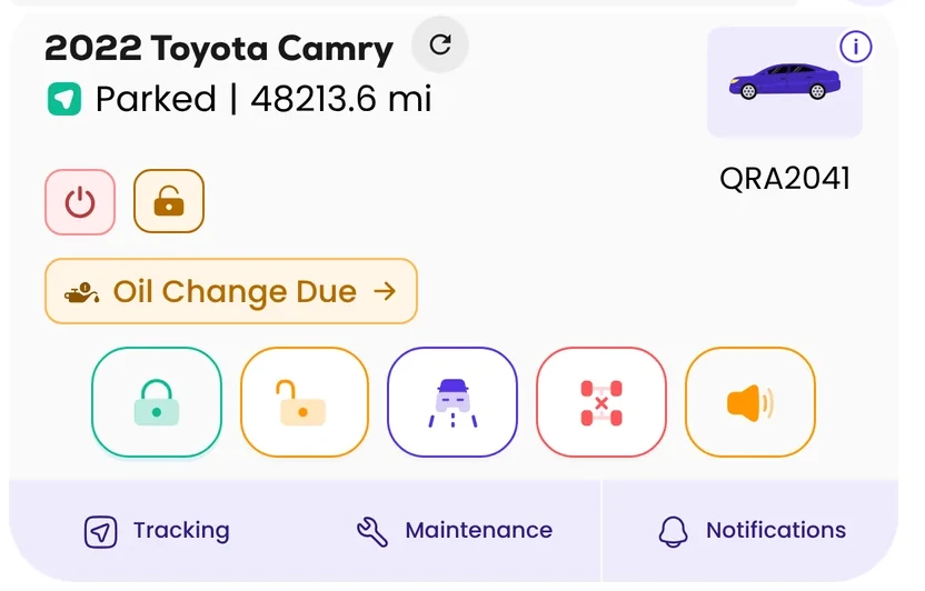 Vehicle card: 2022 Toyota Camry, Parked, with an Oil Change Due tag