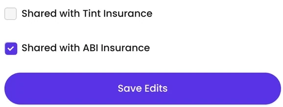 The two insurer checkboxes on a Qarhami vehicle record: Shared with Tint Insurance and Shared with ABI Insurance