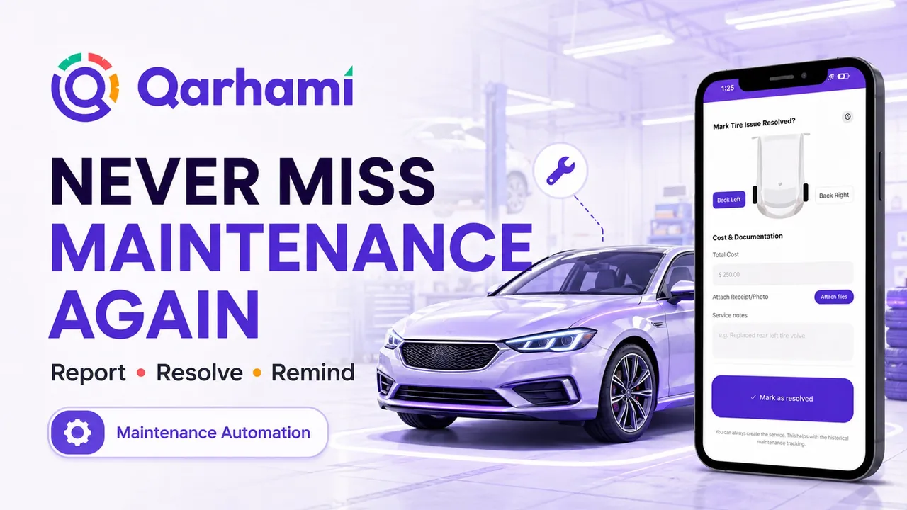 Never miss maintenance again: Qarhami Maintenance, with the Mark as resolved screen in the app