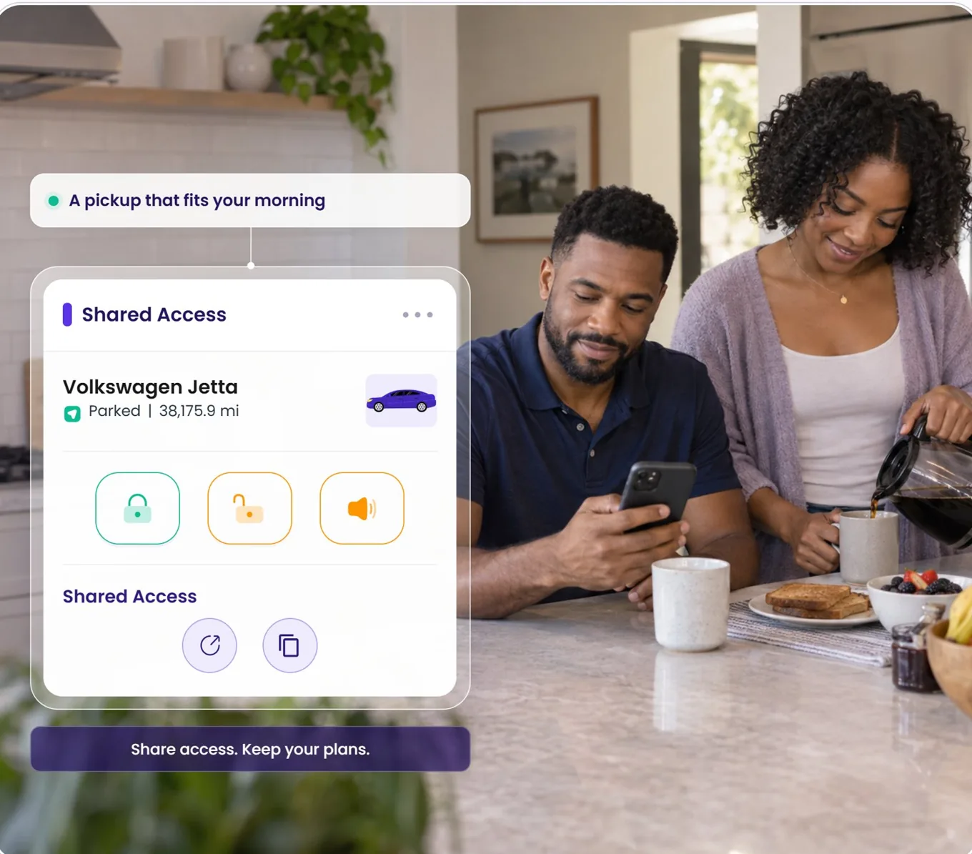 A couple at breakfast; the Qarhami Shared Access card for a Volkswagen Jetta is shown beside them.