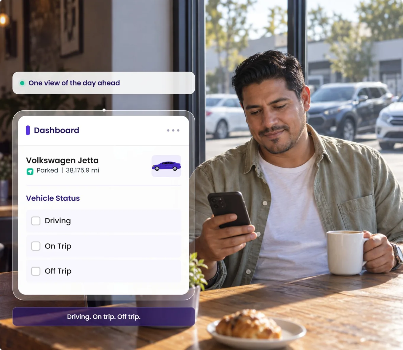 A man with a coffee reviewing his fleet; the Dashboard card shows the Driving, On Trip and Off Trip filters.