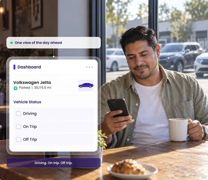 A man with a coffee reviewing his fleet; the Dashboard card shows the Driving, On Trip and Off Trip filters.
