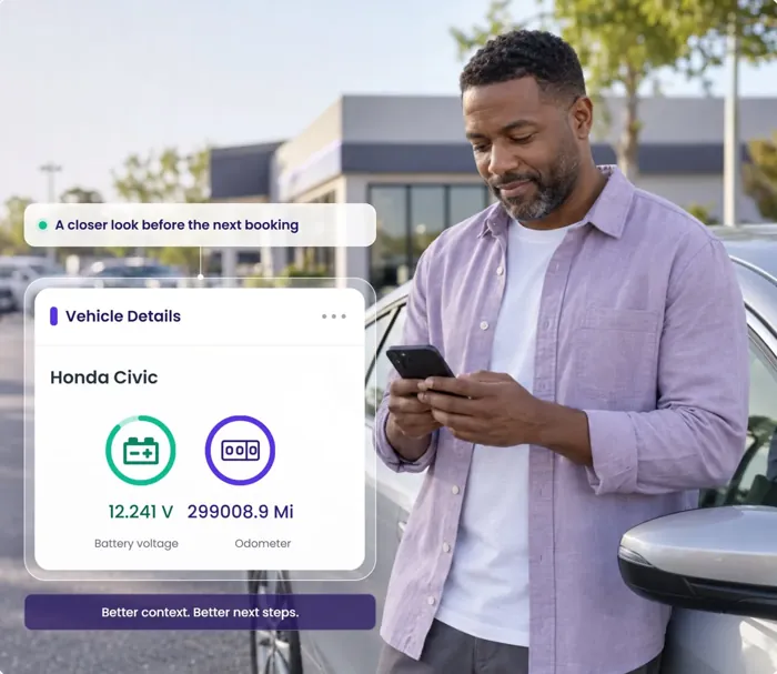 A man in a parking lot; the Vehicle Details card shows battery voltage and the odometer for a Honda Civic.