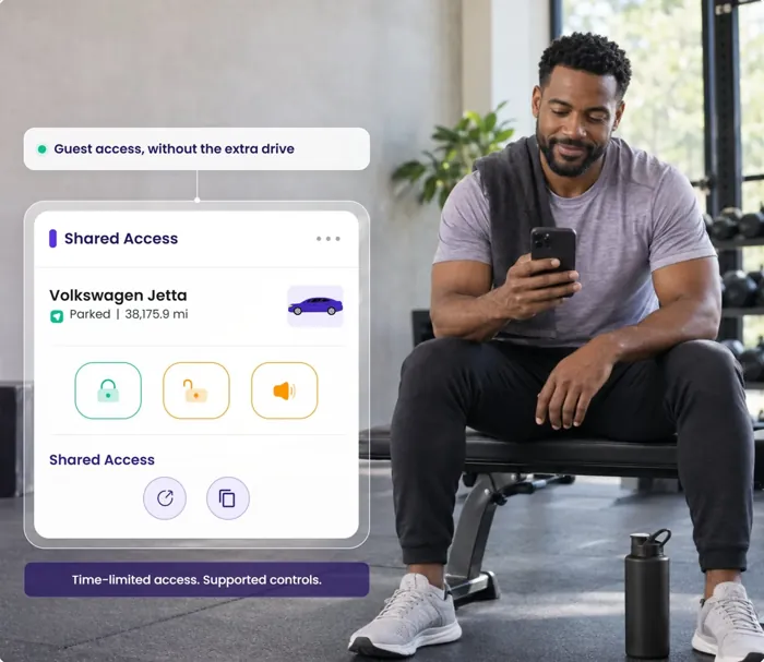 A man resting in a gym; the Shared Access card for a Volkswagen Jetta shows the copy-link control.