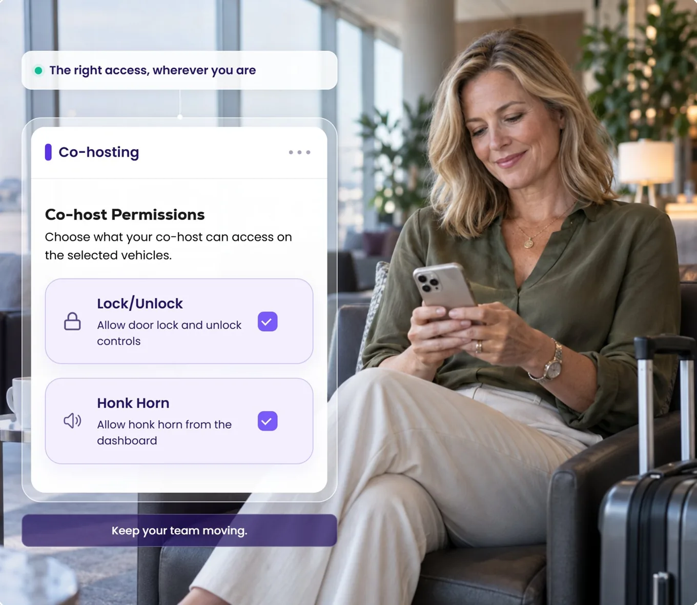 A woman in an airport lounge with her luggage; the Co-hosting card shows Lock/Unlock and Honk Horn permissions.