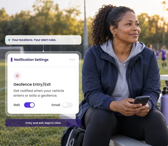 A woman at a sports field; the Notification Settings card shows Geofence Entry/Exit alerts enabled.