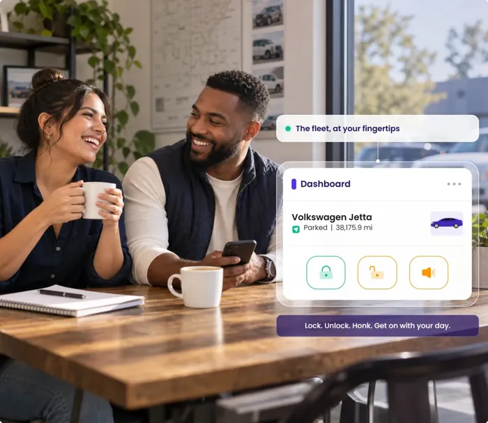 A couple at a café table; the Dashboard card shows lock, unlock and horn controls.