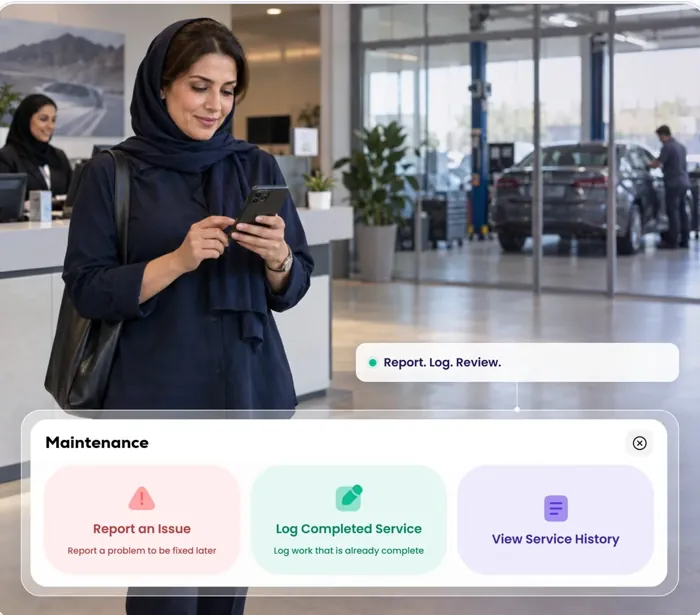 A woman in a vehicle showroom; the Maintenance card shows Report an Issue, Log Completed Service and View Service History.
