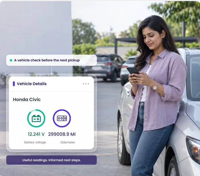 A woman leaning on her car in a parking lot; the Vehicle Details card shows battery voltage and odometer.