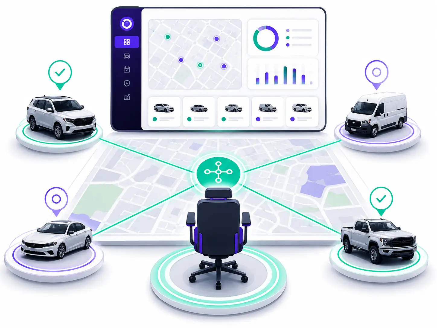 A digital fleet command center dashboard showing the connection between a central office and multiple rental vehicles located across a city