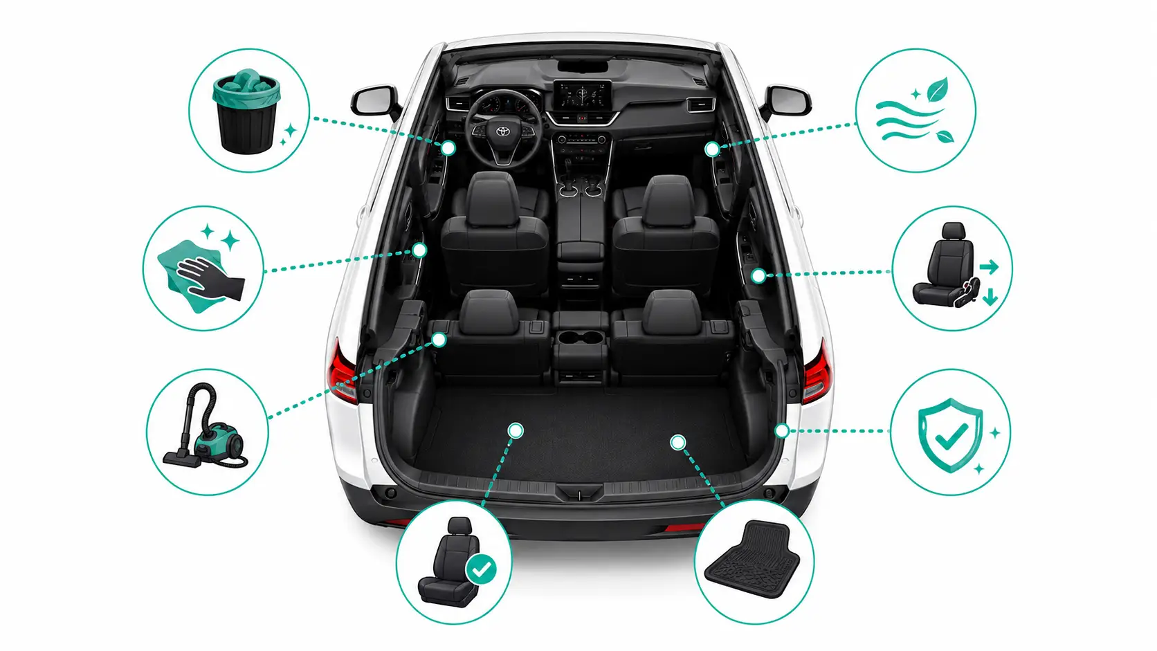 vehicle interior showing the highly efficient, grid-based vacuuming and sanitization path used by professional fleet detailers.