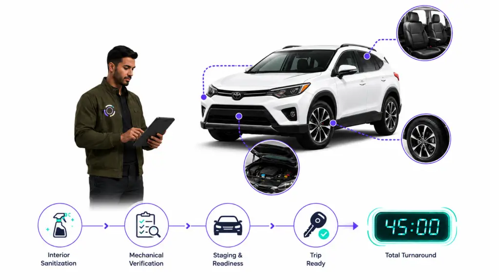 A fleet operator managing a 45-minute turnaround SOP on a rental vehicle using a digital checklist.