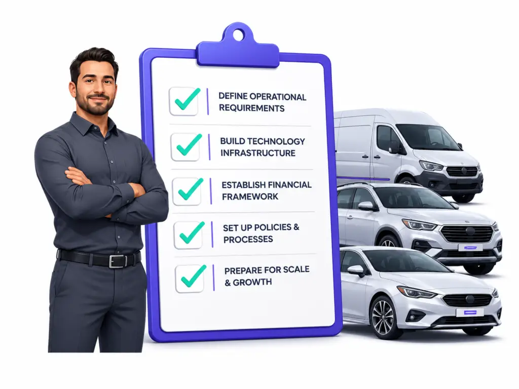 Fleet operator reviewing a digital checklist for building rental fleet infrastructure before acquiring new inventory.