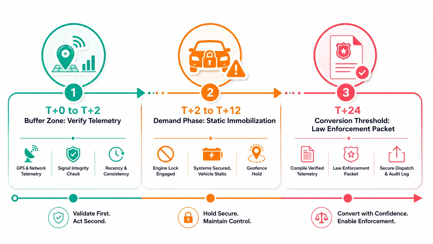 : An operational timeline showing the escalation phases of a late rental return, moving from the Buffer Zone to the Criminal Conversion Threshold.