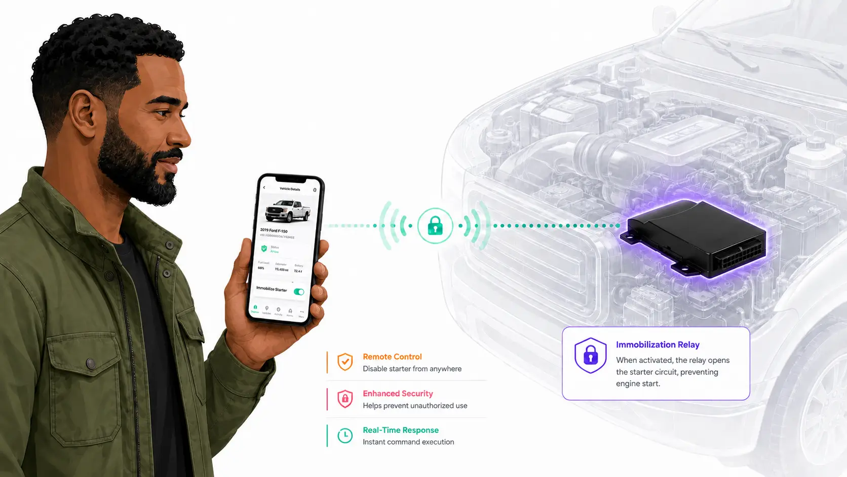 A fleet operator using a mobile app to send a static immobilization command to a rental vehicle's engine relay module.
